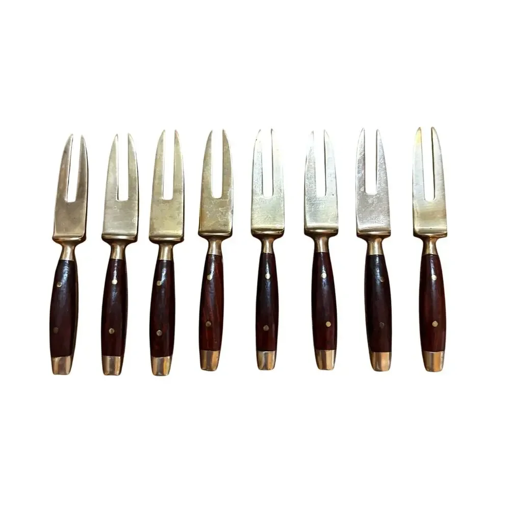 Vintage mid century cocktail forks teak wood & brass set of 8 tiki party supply